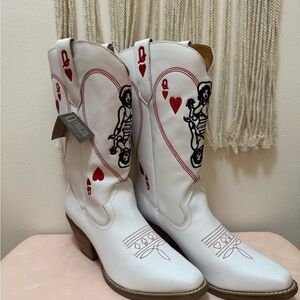 Dingo White and Red Heeled Boots with Card Motifs
